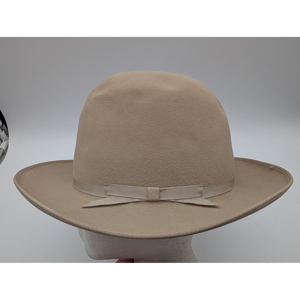 LL Bean Vintage Felt Fedora Hat Tan Grosgrain Ribbon Band Leather Sweatband 7